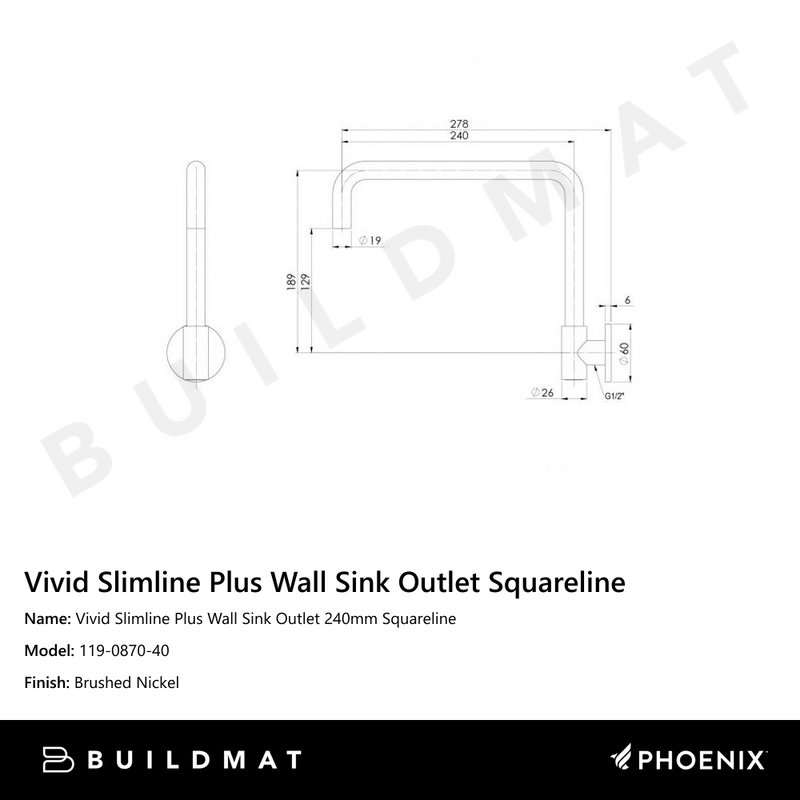 Vivid Slimline Plus Wall Sink Outlet 240mm Squareline  Brushed Nickel