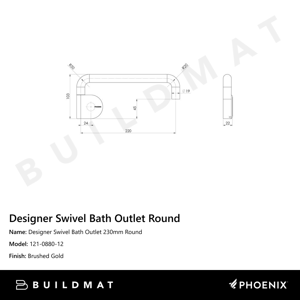 Designer Swivel Bath Outlet 230mm Round Brushed Gold