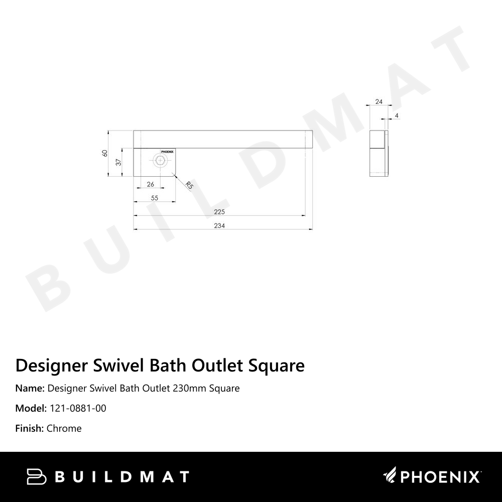 Designer Swivel Bath Outlet  230mm Square Chrome