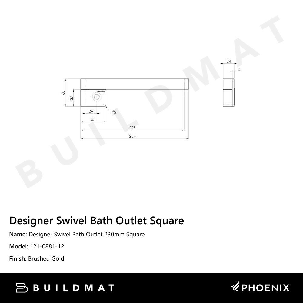 Designer Swivel Bath Outlet  230mm Square Brushed Gold