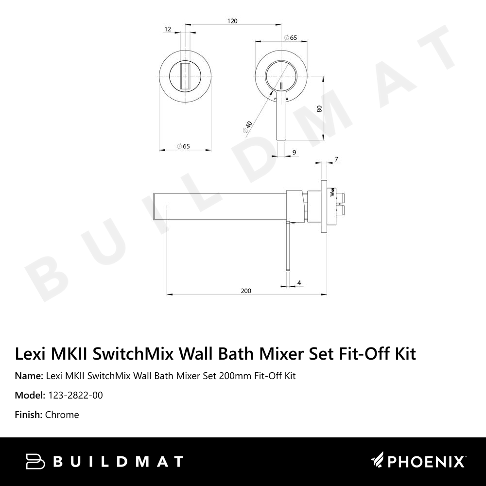 Lexi MKII SwitchMix Wall Bath Mixer Set 200mm Fit-Off Kit  Chrome