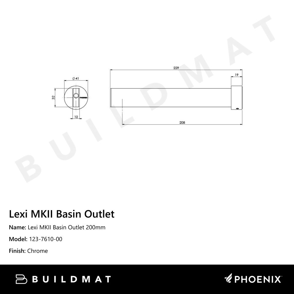 Lexi MKII Basin Outlet 200mm  Chrome