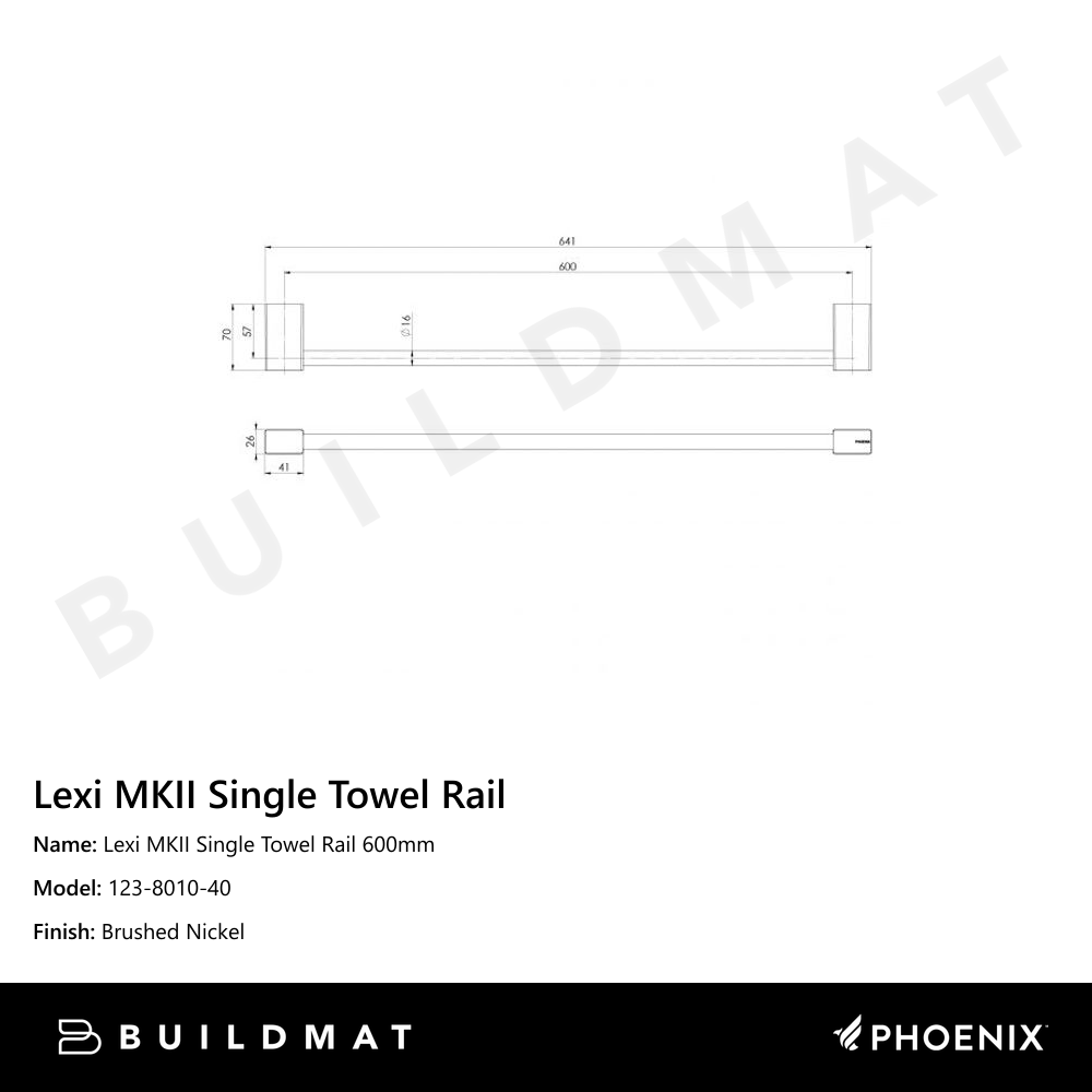 Lexi MKII Single Towel Rail 600mm Brushed Nickel