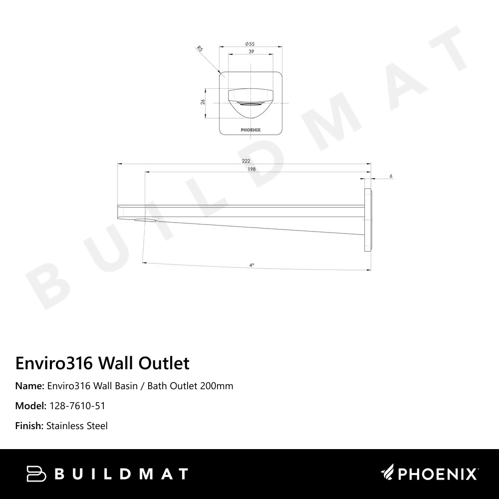 Enviro316 Wall Basin / Bath Outlet 200mm Stainless Steel