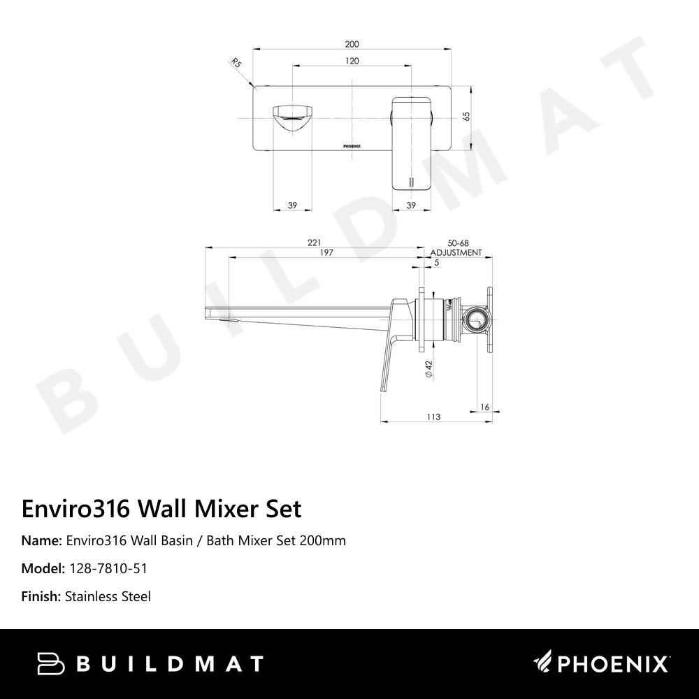 Enviro316 Wall Basin / Bath Mixer Set 200mm Stainless Steel