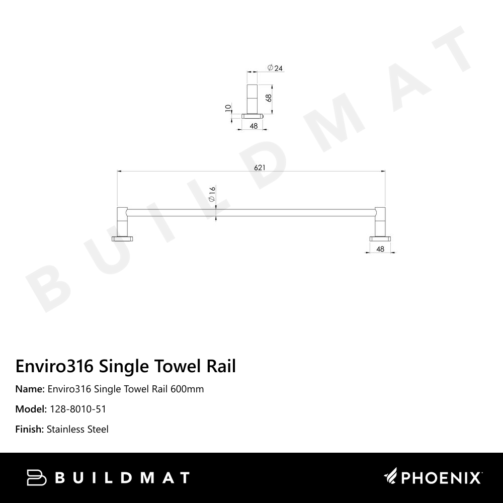 Enviro316 Single Towel Rail 600mm Stainless Steel