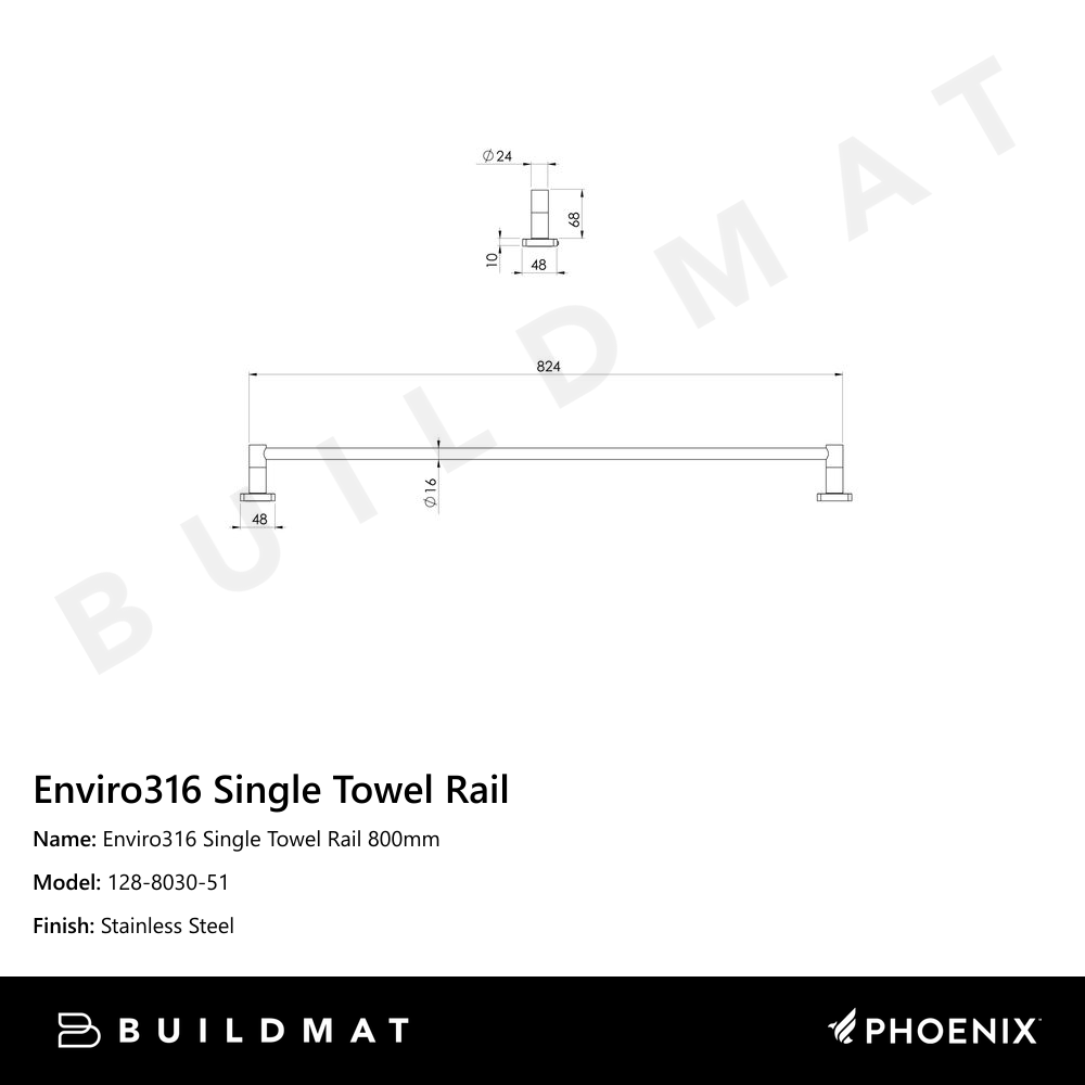 Enviro316 Single Towel Rail 800mm Stainless Steel