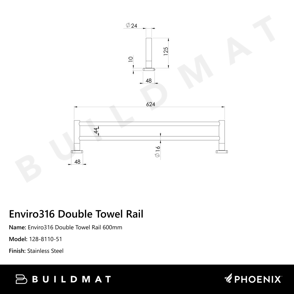 Enviro316 Double Towel Rail 600mm Stainless Steel