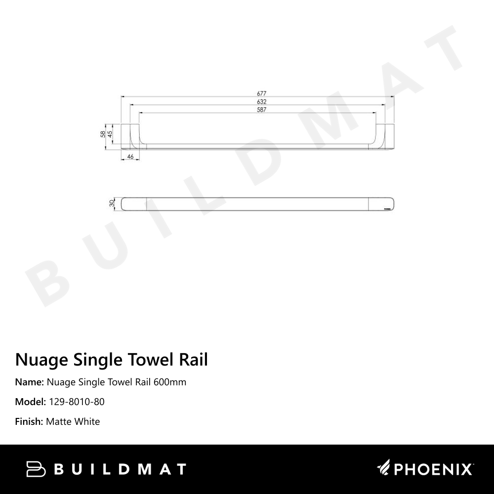 Nuage Single Towel Rail 600mm  Matte White