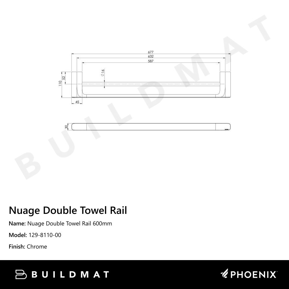 Nuage Double Towel Rail 600mm  Chrome