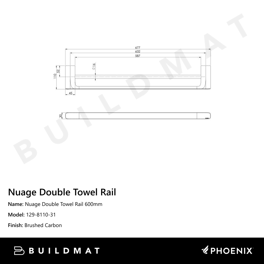 Nuage Double Towel Rail 600mm  Brushed Carbon