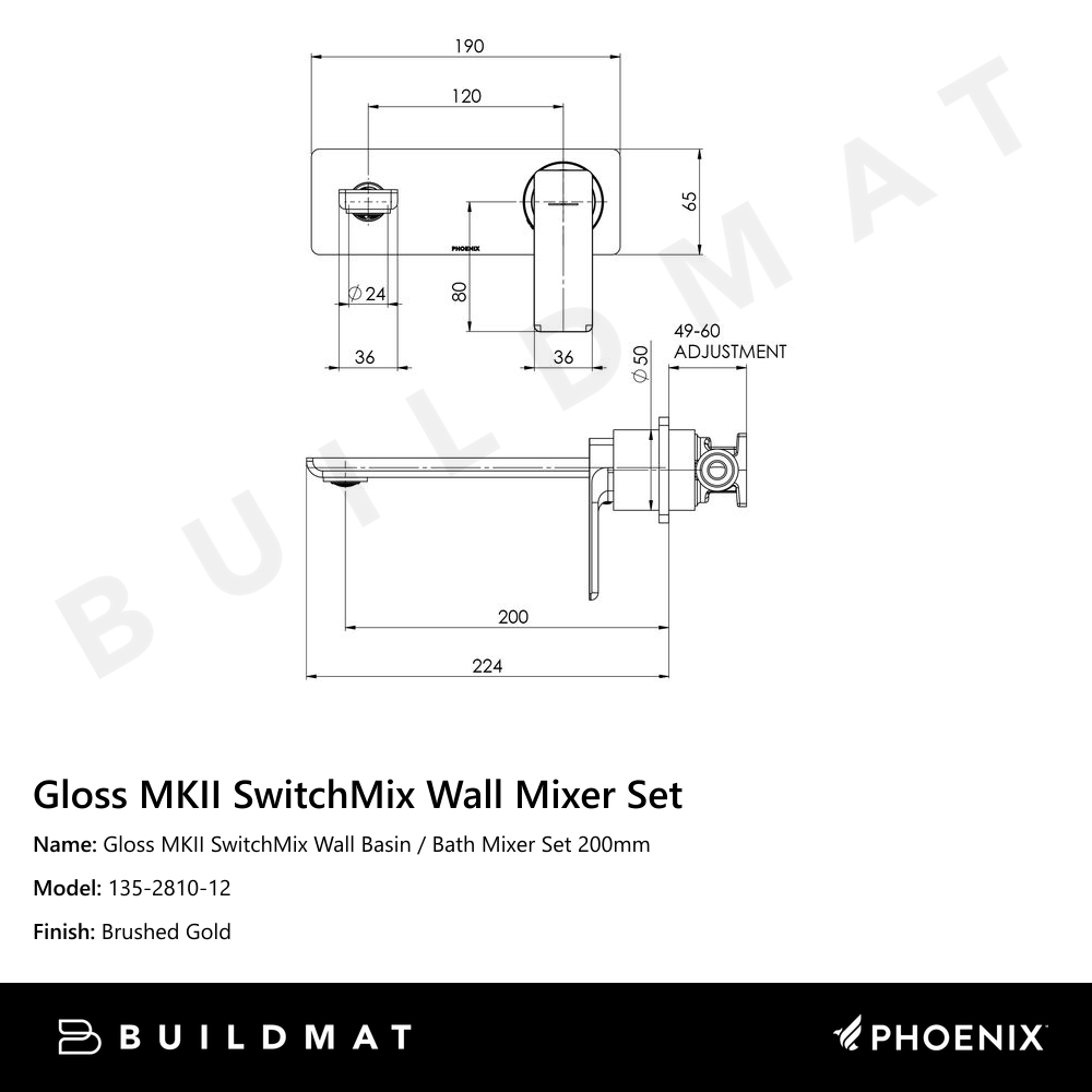 Gloss MKII SwitchMix Wall Basin / Bath Mixer Set 200mm Brushed Gold