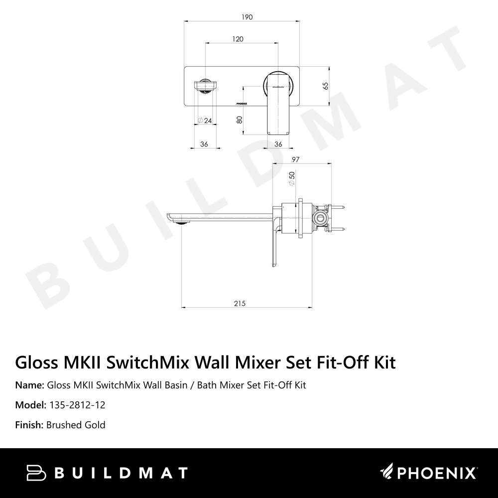 Gloss MKII SwitchMix Wall Basin / Bath Mixer Set 200mm Fit-Off Kit   Brushed Gold