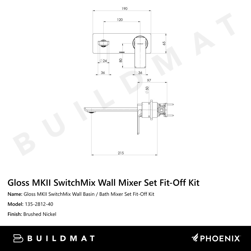 Gloss MKII SwitchMix Wall Basin / Bath Mixer Set 200mm Fit-Off Kit   Brushed Nickel