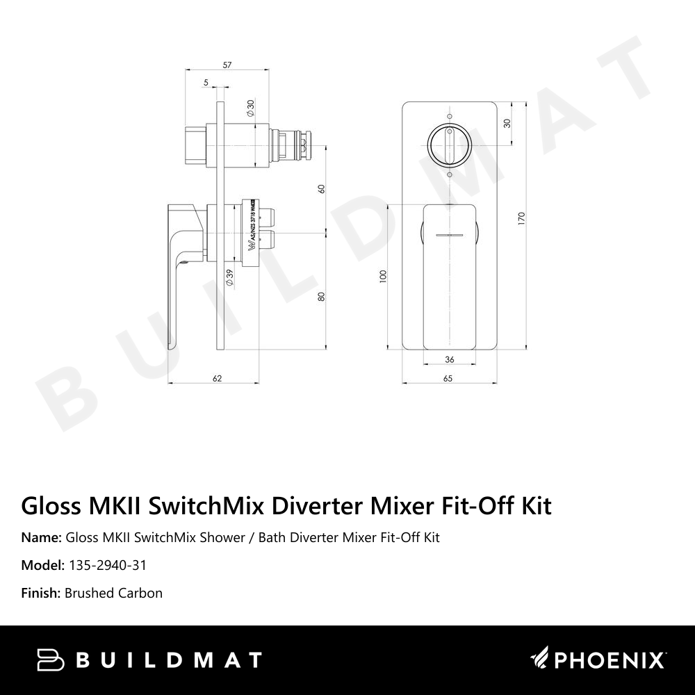 Gloss MKII SwitchMix Shower / Bath Diverter Mixer Fit-Off Kit Brushed Carbon