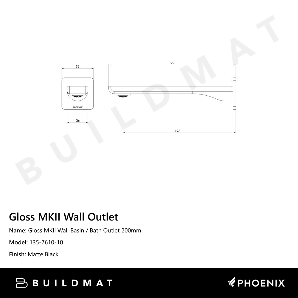 Gloss MKII Wall Basin / Bath Outlet 200mm  Matte Black