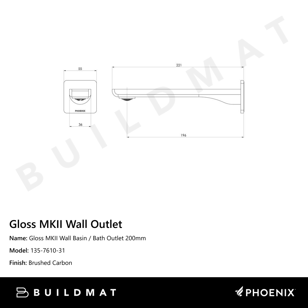 Gloss MKII Wall Basin / Bath Outlet 200mm  Brushed Carbon