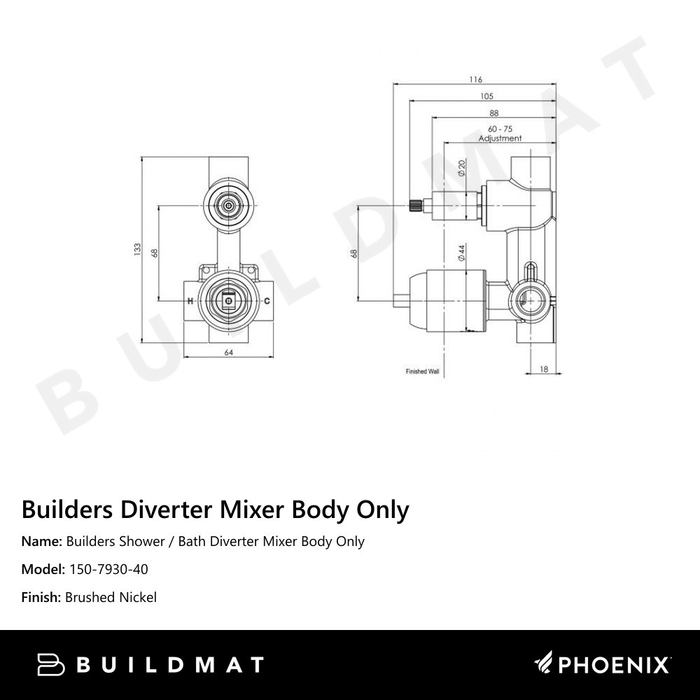 Builders Shower / Bath Diverter Mixer Body Only Brushed Nickel