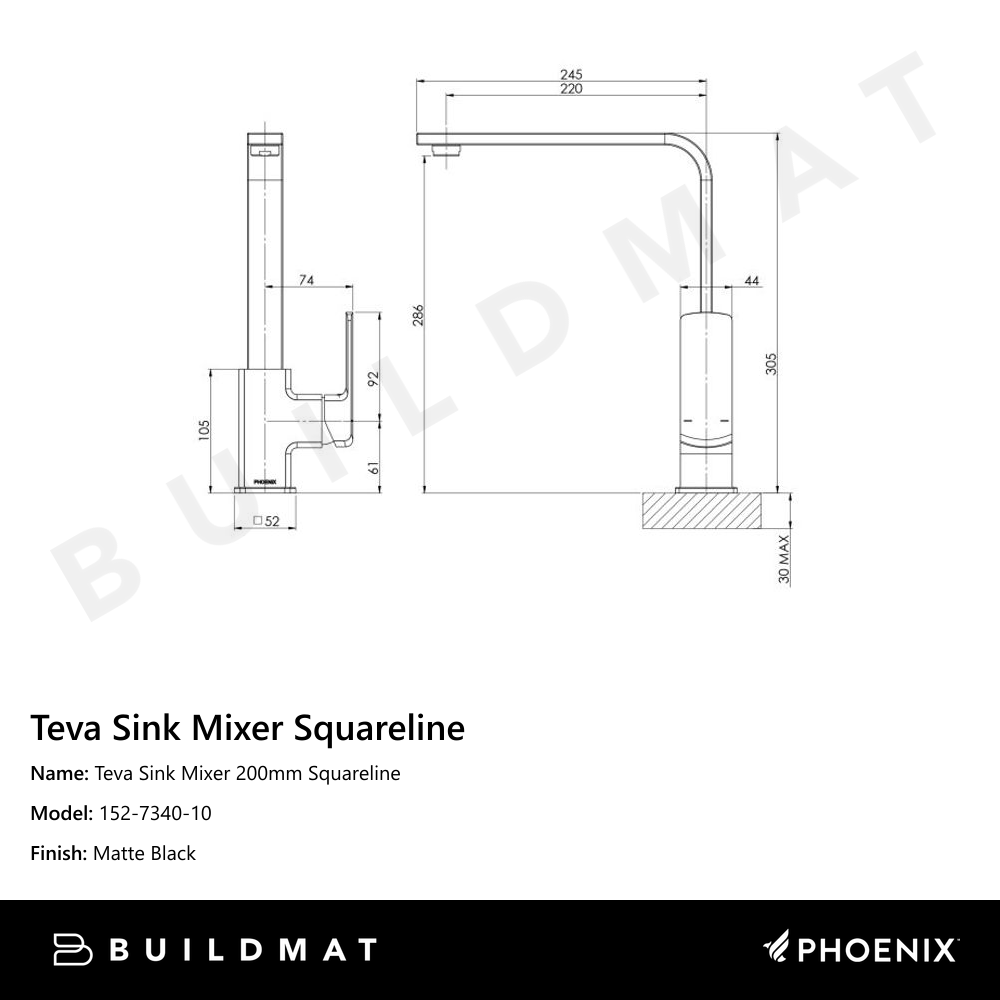 Teva Sink Mixer 200mm Squareline Matte Black