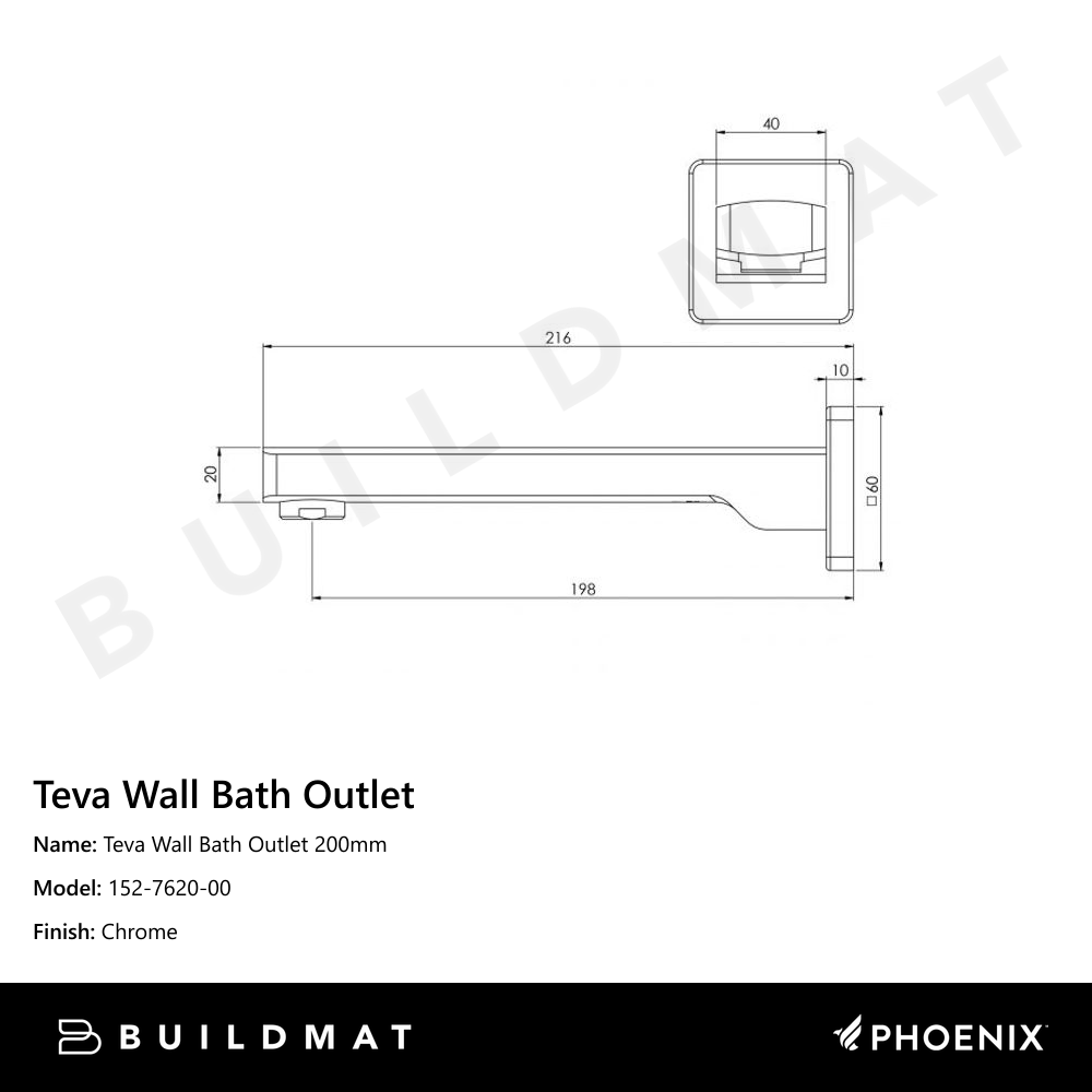 Teva Wall Bath Outlet 200mm Chrome