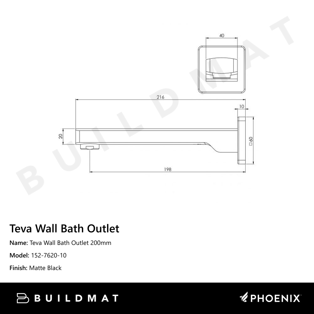 Teva Wall Bath Outlet 200mm Matte Black