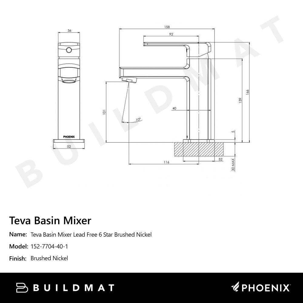 Teva Basin Mixer Lead Free 6 Star Brushed Nickel