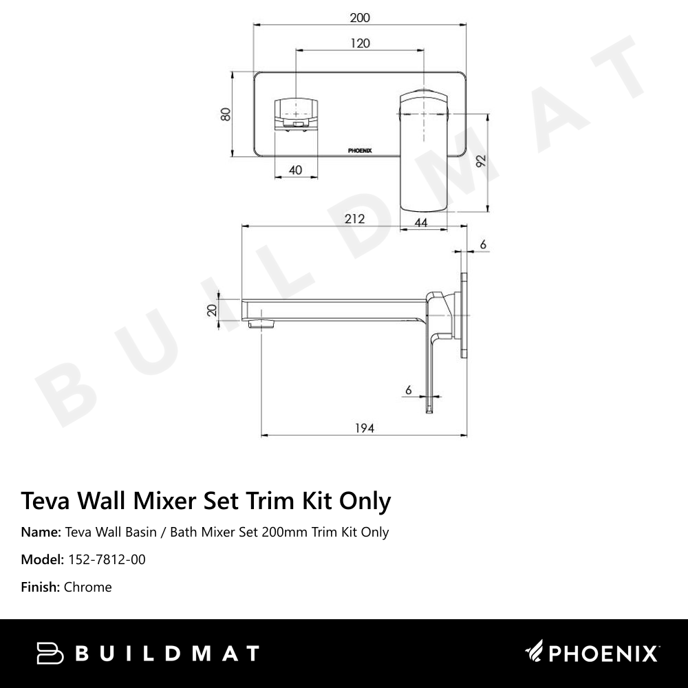 Teva Wall Basin / Bath Mixer Set 200mm Trim Kit Only Chrome