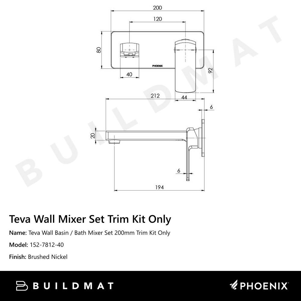 Teva Wall Basin / Bath Mixer Set 200mm Trim Kit Only Brushed Nickel