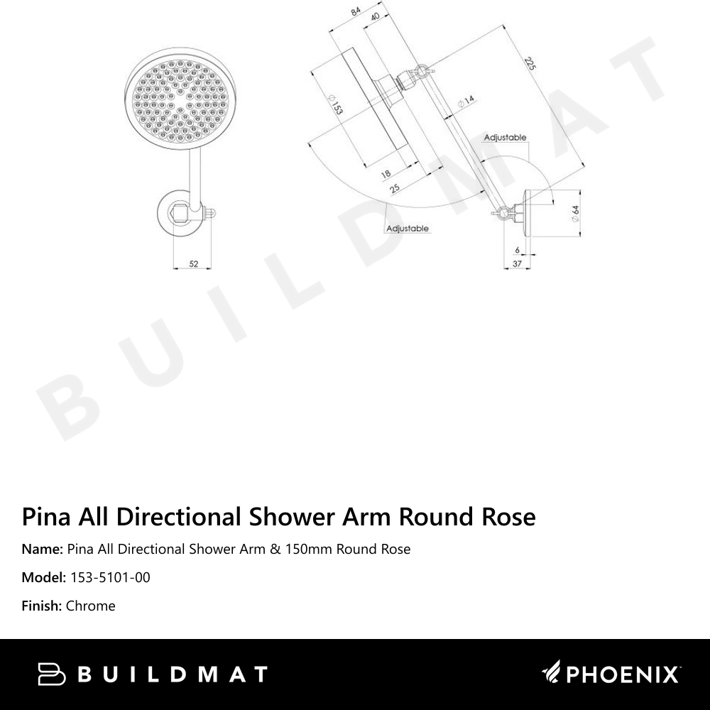 Pina All Directional Shower Arm & 150mm Round Rose  Chrome