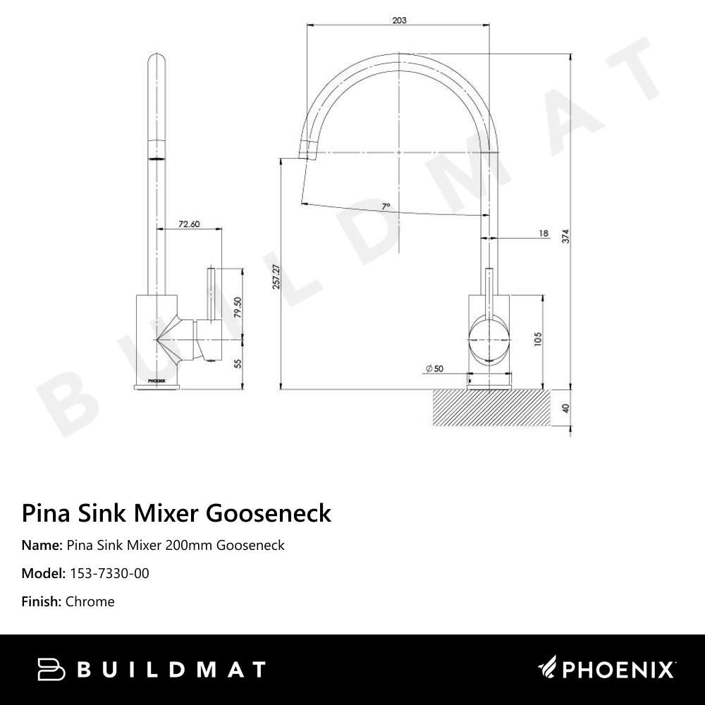 Pina Sink Mixer 200mm Gooseneck Lead Free Chrome