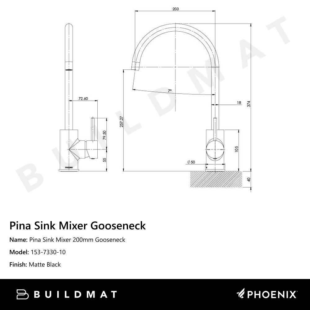 Pina Sink Mixer 200mm Gooseneck Matte Black