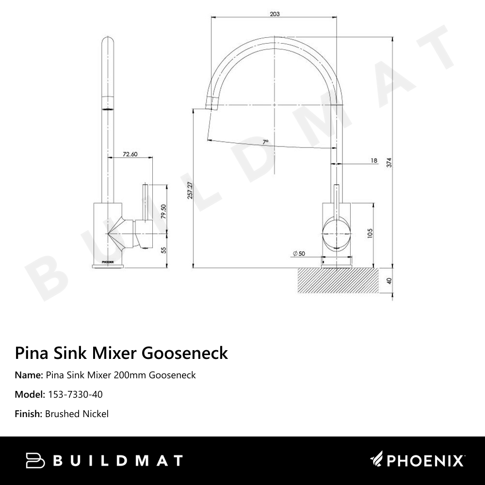 Pina Sink Mixer 200mm Gooseneck Brushed Nickel