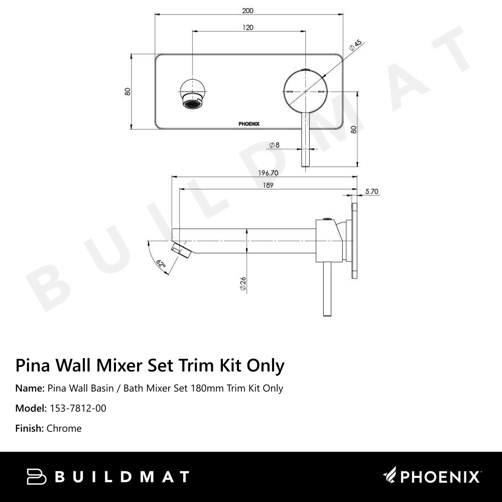 Pina Wall Basin / Bath Mixer Set 180mm Trim Kit Only Chrome