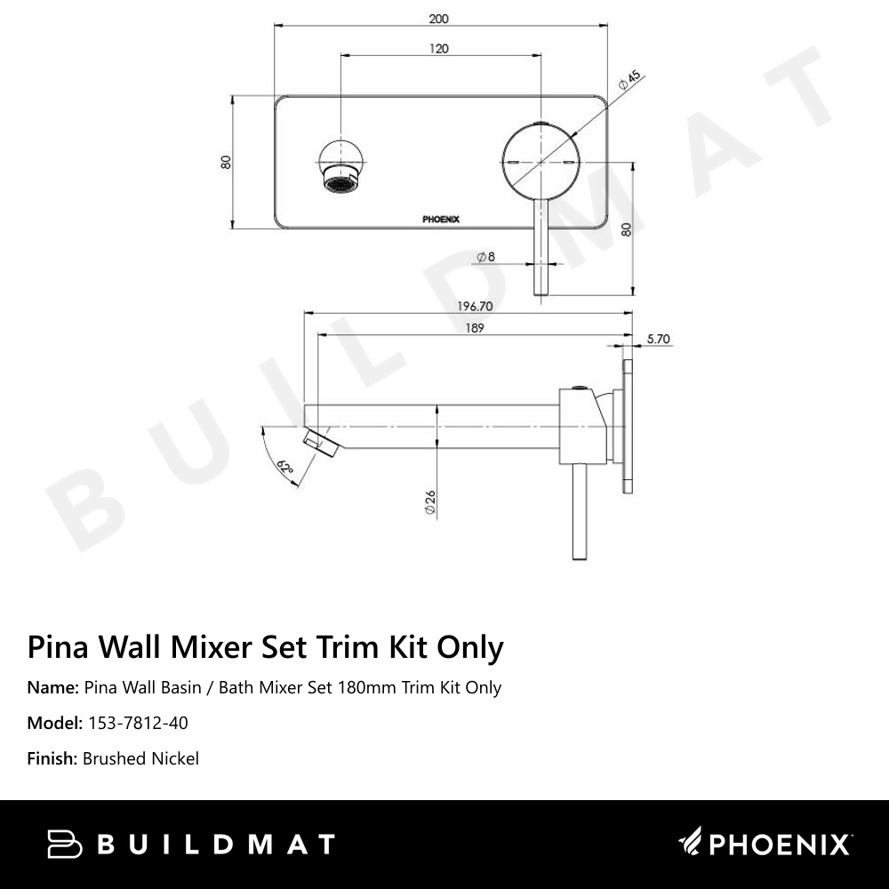 Pina Wall Basin / Bath Mixer Set 180mm Trim Kit Only Brushed Nickel