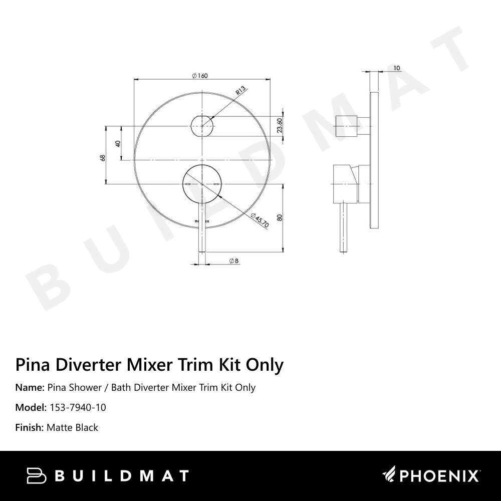 Pina Shower / Bath Diverter Mixer Trim Kit Only Matte Black