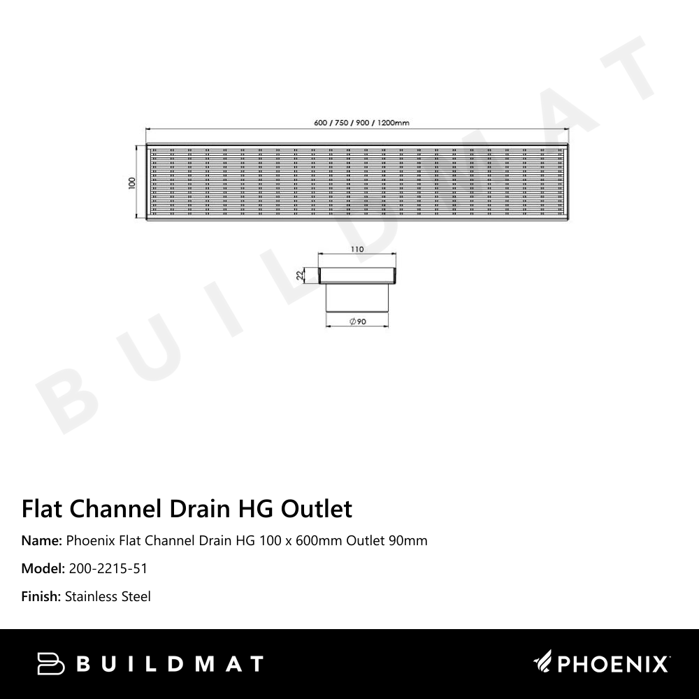 Phoenix Flat Channel Drain HG 100 x 600mm Outlet 90mm Stainless Steel