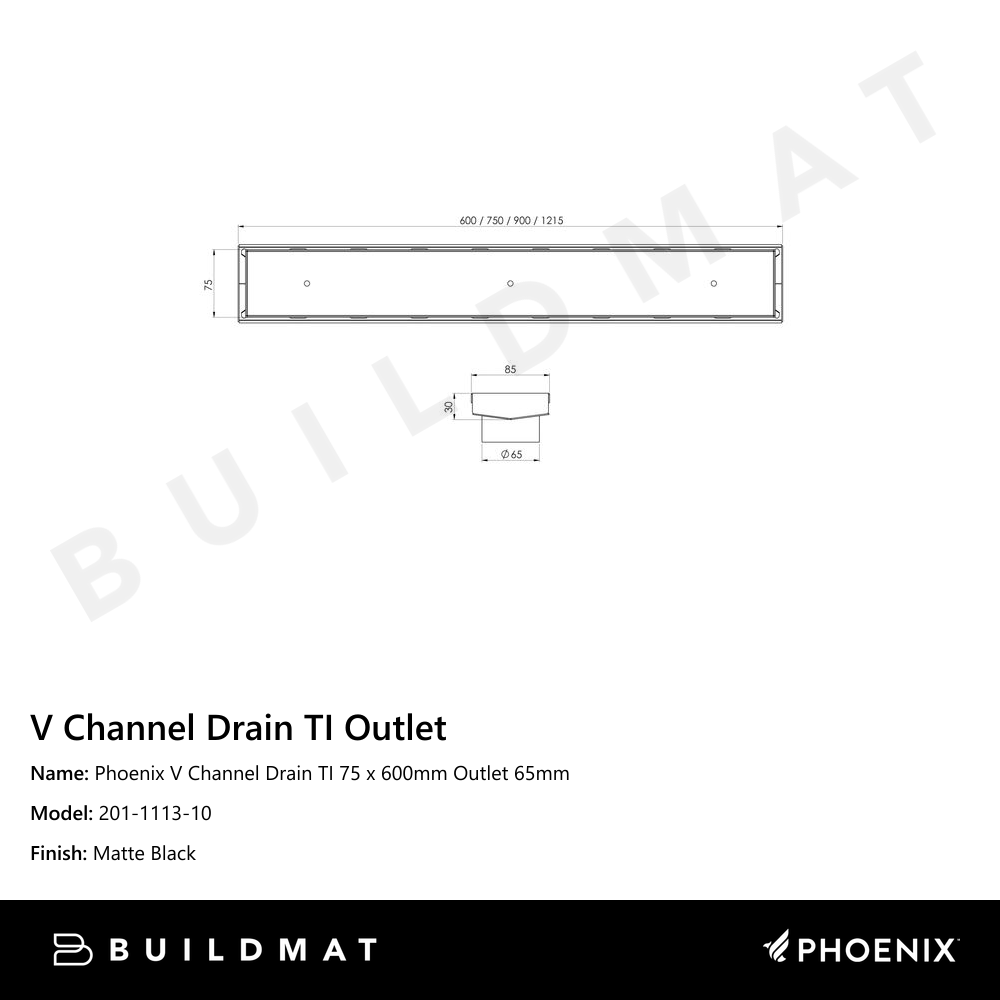 Phoenix V Channel Drain TI 75 x 600mm Outlet 65mm Matte Black