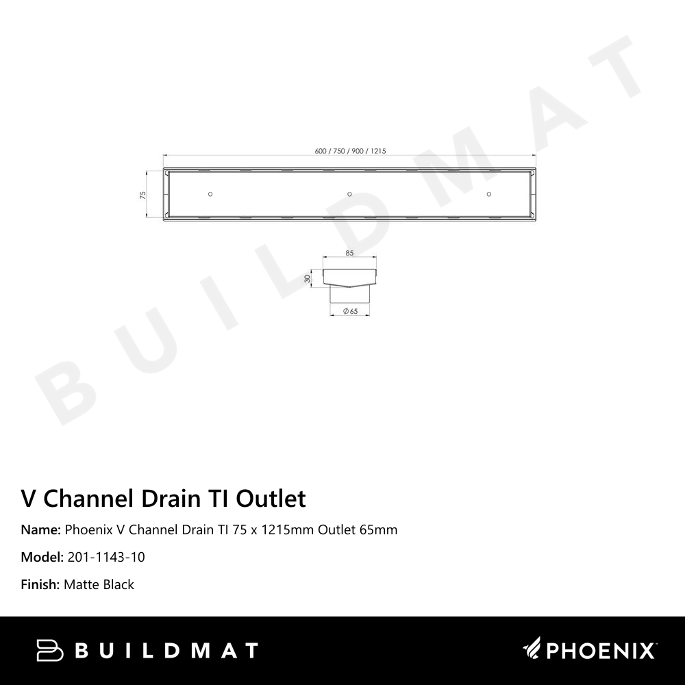 Phoenix V Channel Drain TI 75 x 1215mm Outlet 65mm Matte Black