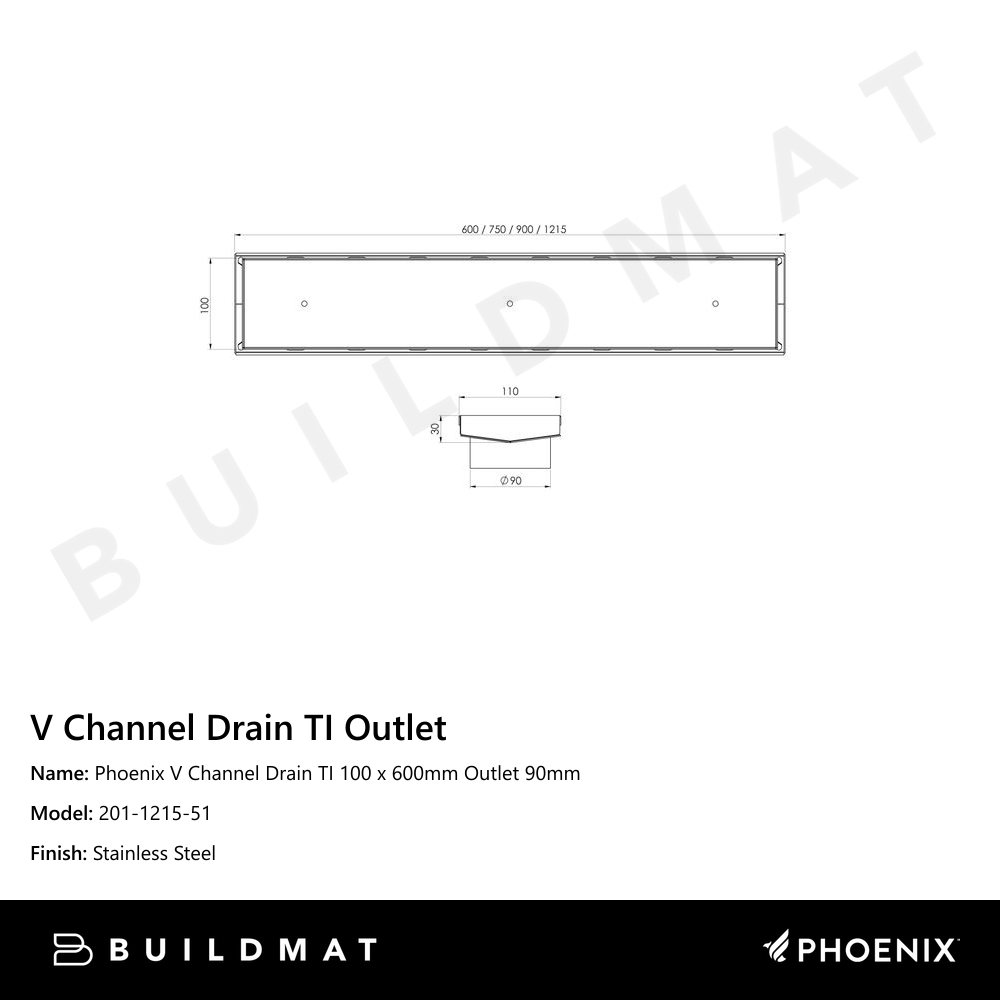 Phoenix V Channel Drain TI 100 x 600mm Outlet 90mm Stainless Steel