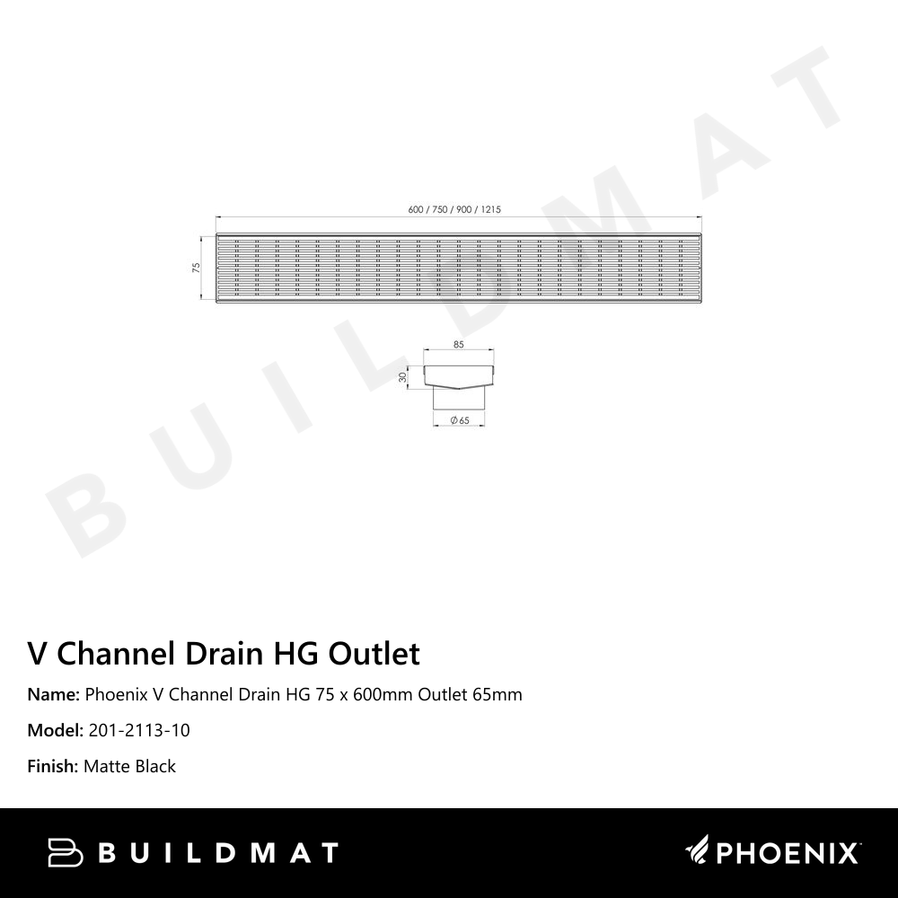 Phoenix V Channel  Drain HG 75 x 600mm Outlet 65mm Matte Black