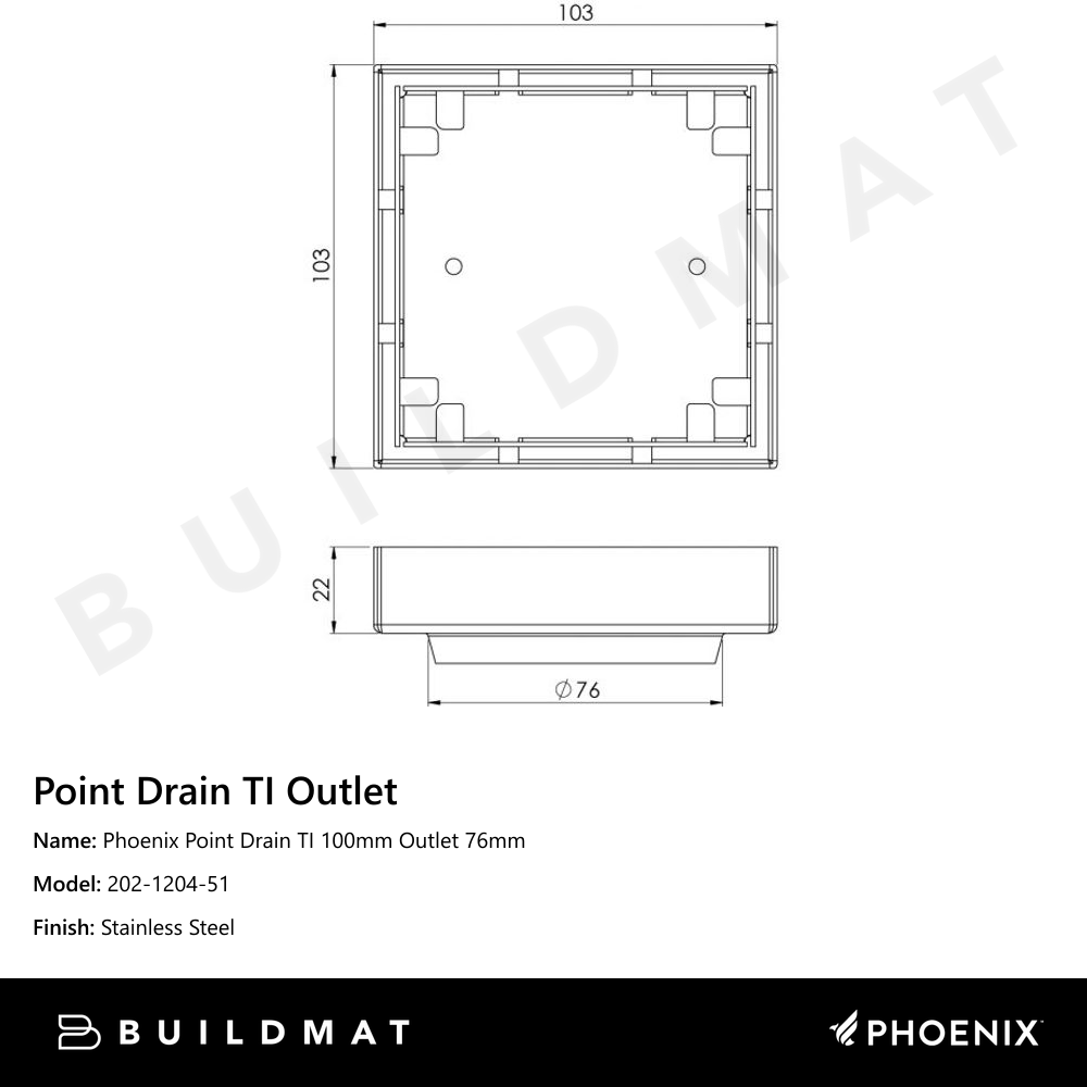 Phoenix Point Drain TI 100mm Outlet 76mm Stainless Steel