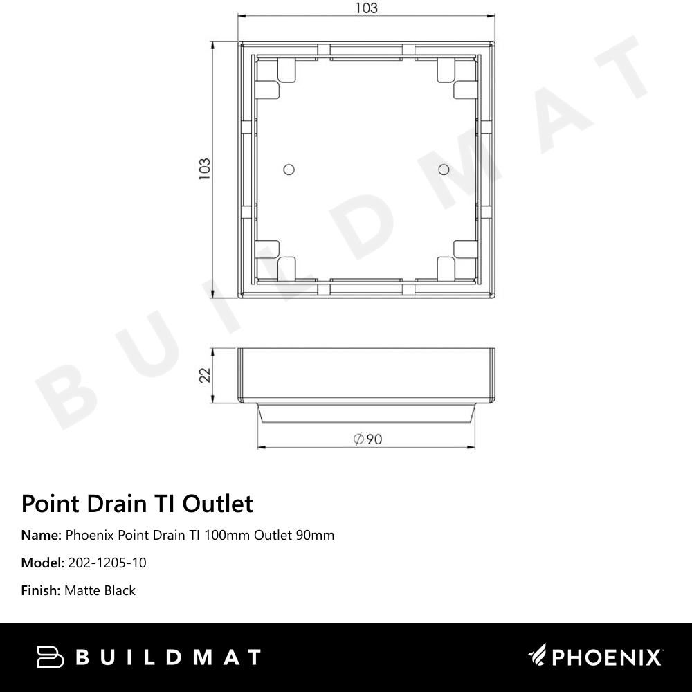 Phoenix Point Drain TI 100mm Outlet 90mm Matte Black