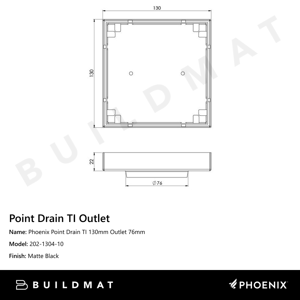 Phoenix Point Drain TI 130mm Outlet 76mm Matte Black