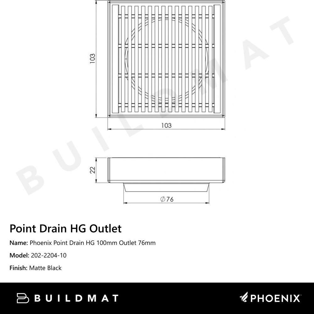 Phoenix Point Drain HG 100mm Outlet 76mm Matte Black