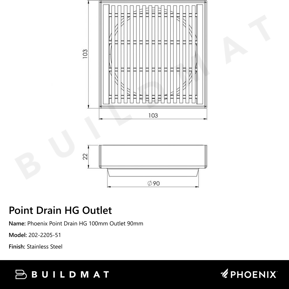 Phoenix Point Drain HG 100mm Outlet 90mm Stainless Steel