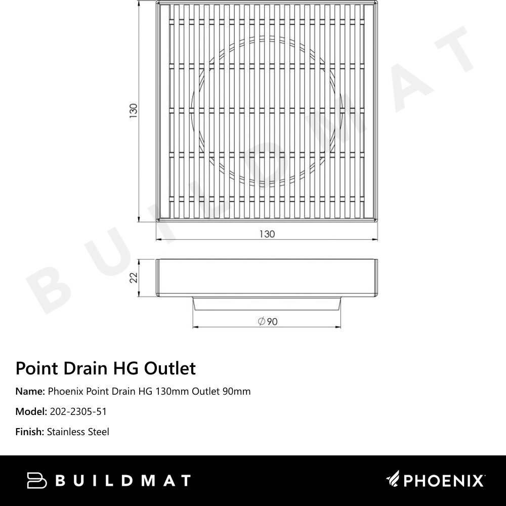 Phoenix Point Drain HG 130mm Outlet 90mm Stainless Steel