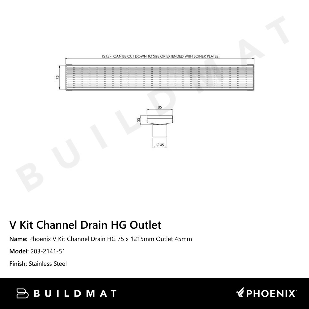 Phoenix V KIT Channel Drain HG 75 x 1215mm Outlet 45mm  Stainless Steel