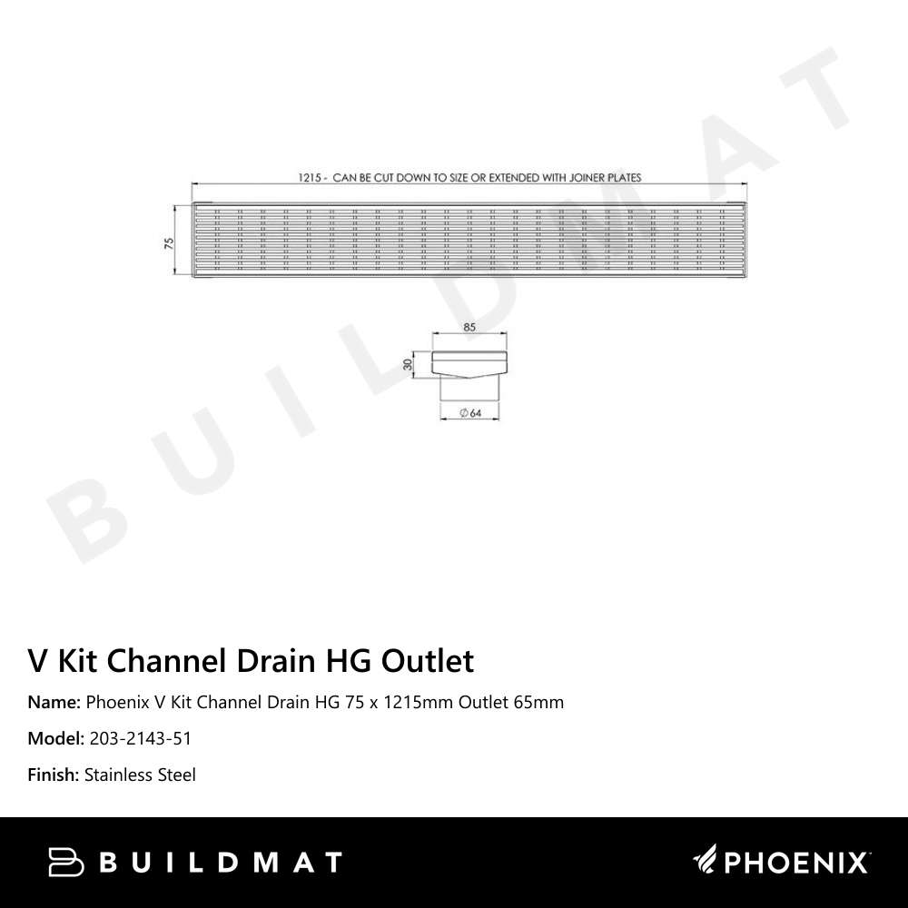 Phoenix V KIT Channel Drain HG 75 x 1215mm Outlet 65mm  Stainless Steel