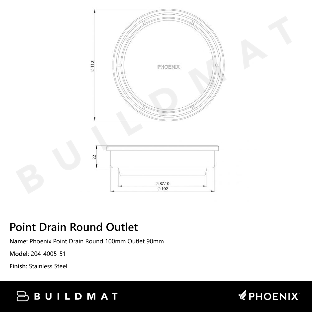 Phoenix Point Drain Round 100mm Outlet 90mm   Stainless Steel