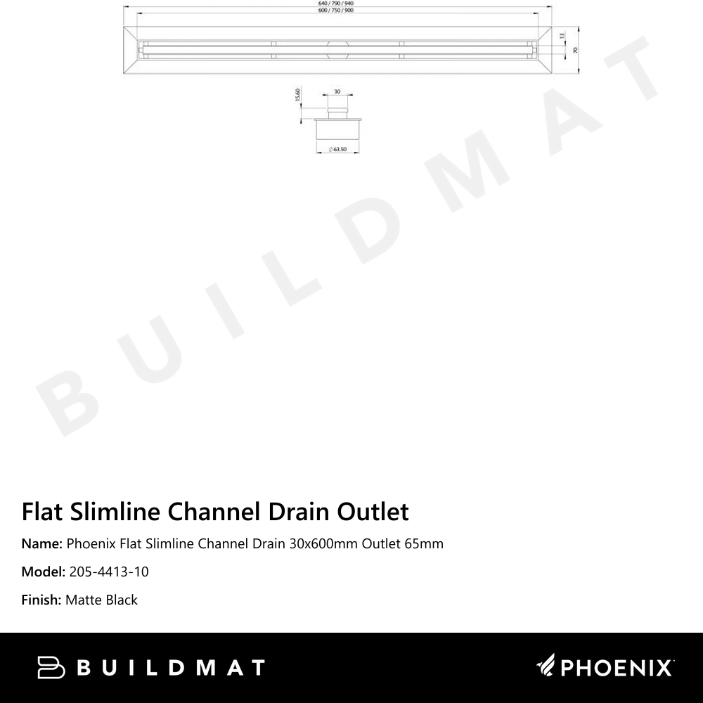 Phoenix Flat Slimline Channel Drain 30x600mm Outlet 65mm   Matte Black